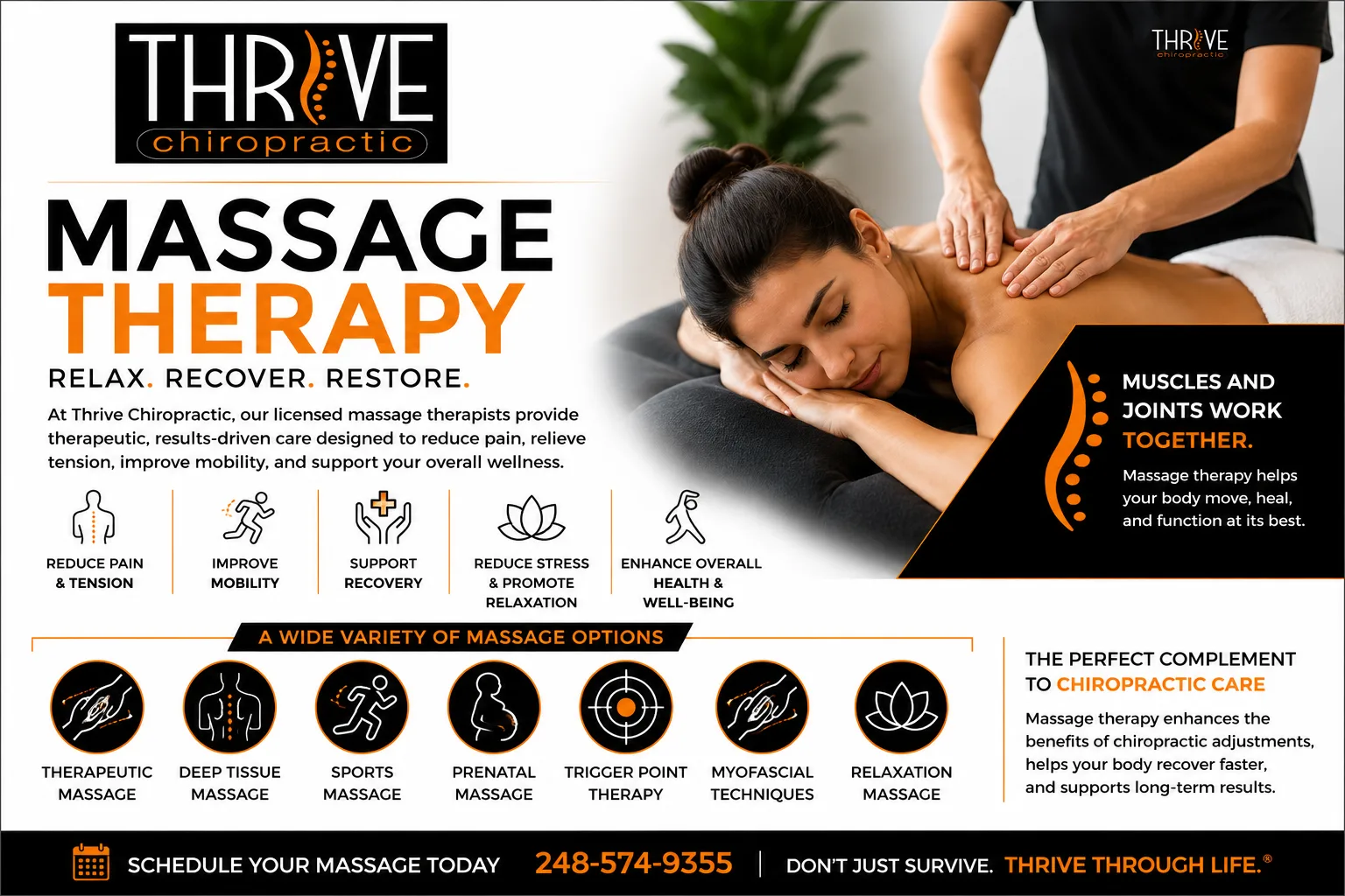 Massage Therapy at Thrive Chiropractic of Troy, Michigan — therapeutic, results-driven care to reduce pain, relieve tension, improve mobility, and support overall wellness. Options include therapeutic, deep tissue, sports, prenatal, trigger point, myofascial, and relaxation massage.